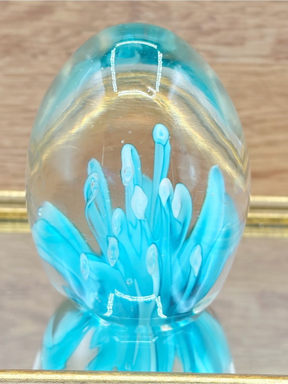 1970's Manganese Studio Glass Marine Life Paperweight Teal Tentacles UV Glow